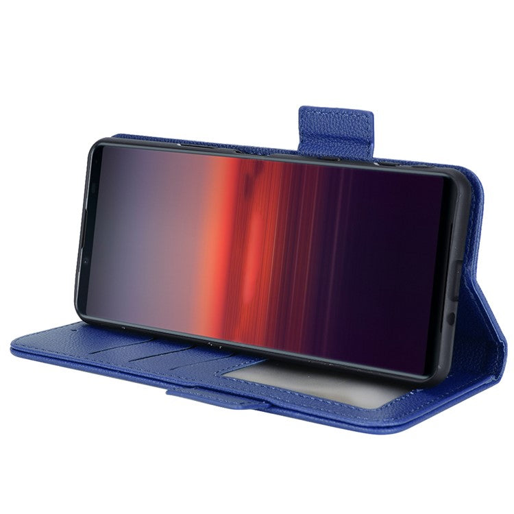 For Sony Xperia 5 II Dual Clasps PU Leather Phone Cover Litchi Texture Stand Wallet Protective Cover - Dark Blue