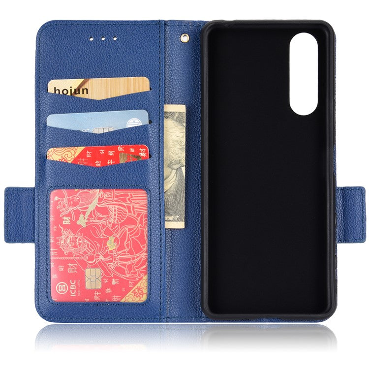 For Sony Xperia 5 II Dual Clasps PU Leather Phone Cover Litchi Texture Stand Wallet Protective Cover - Dark Blue