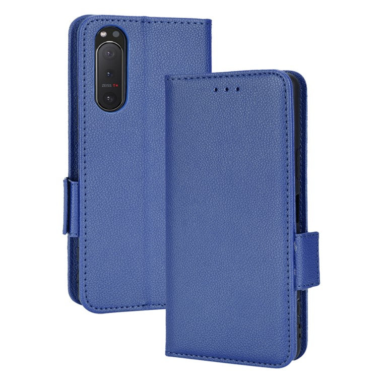For Sony Xperia 5 II Dual Clasps PU Leather Phone Cover Litchi Texture Stand Wallet Protective Cover - Dark Blue