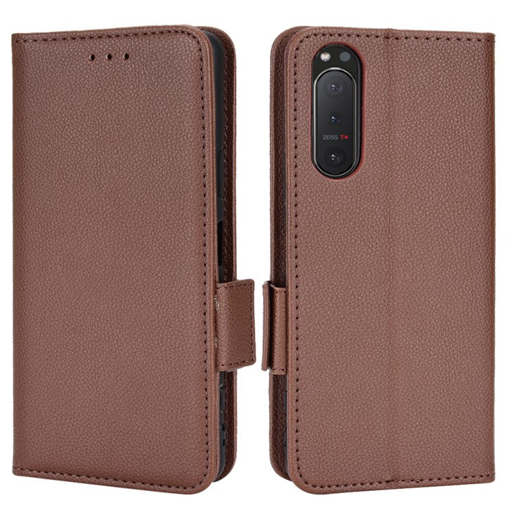 For Sony Xperia 5 II Dual Clasps PU Leather Phone Cover Litchi Texture Stand Wallet Protective Cover - Brown