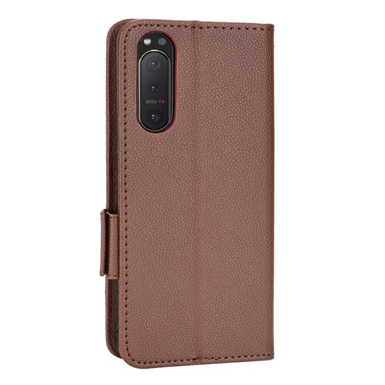 For Sony Xperia 5 II Dual Clasps PU Leather Phone Cover Litchi Texture Stand Wallet Protective Cover - Brown