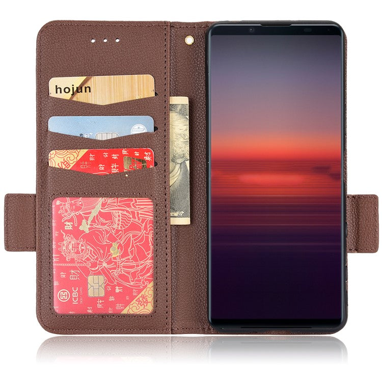 For Sony Xperia 5 II Dual Clasps PU Leather Phone Cover Litchi Texture Stand Wallet Protective Cover - Brown