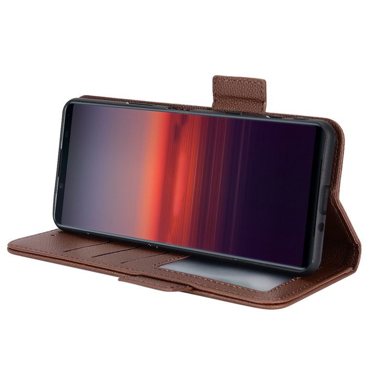 For Sony Xperia 5 II Dual Clasps PU Leather Phone Cover Litchi Texture Stand Wallet Protective Cover - Brown