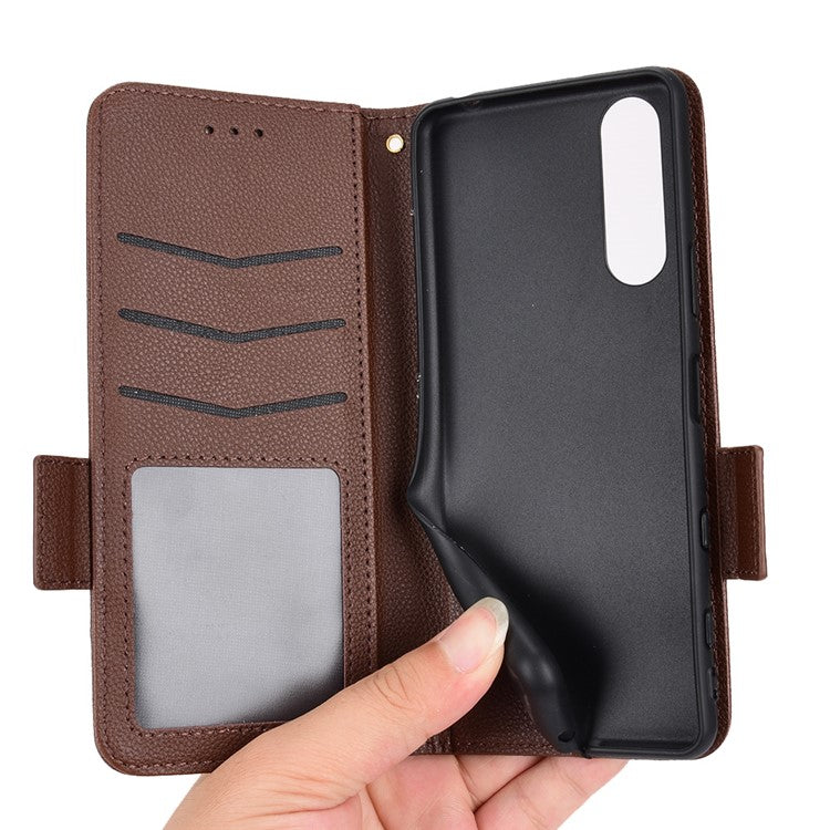 For Sony Xperia 5 II Dual Clasps PU Leather Phone Cover Litchi Texture Stand Wallet Protective Cover - Brown