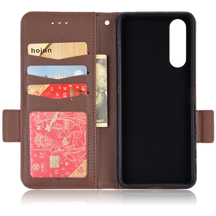For Sony Xperia 5 II Dual Clasps PU Leather Phone Cover Litchi Texture Stand Wallet Protective Cover - Brown
