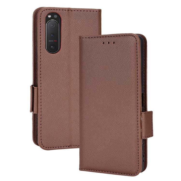 For Sony Xperia 5 II Dual Clasps PU Leather Phone Cover Litchi Texture Stand Wallet Protective Cover - Brown