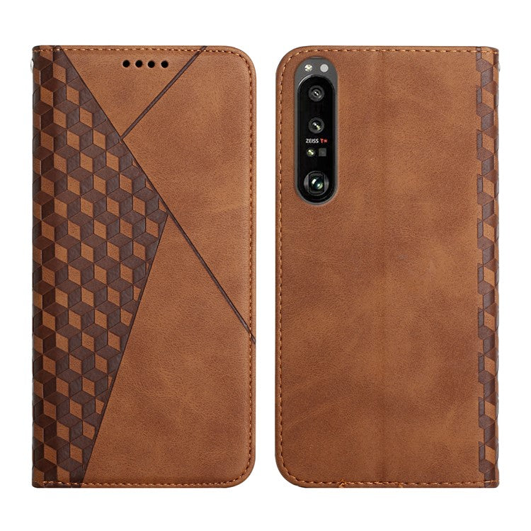 For Sony Xperia 1 III 5G Rhombus Pattern Imprinted Folio Flip Wallet Case Full Body Protection Stand Magnetic Absorption Phone Cover - Brown