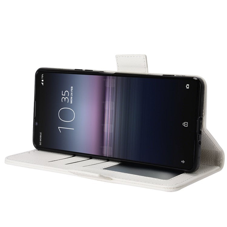 For Sony Xperia 1 II Litchi Texture PU Leather Stand Wallet Case Anti-scratch Phone Cover - White