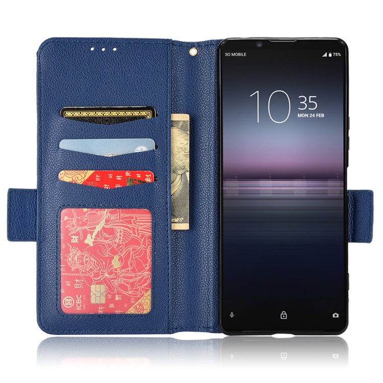 For Sony Xperia 1 II Litchi Texture PU Leather Stand Wallet Case Anti-scratch Phone Cover - Dark Blue