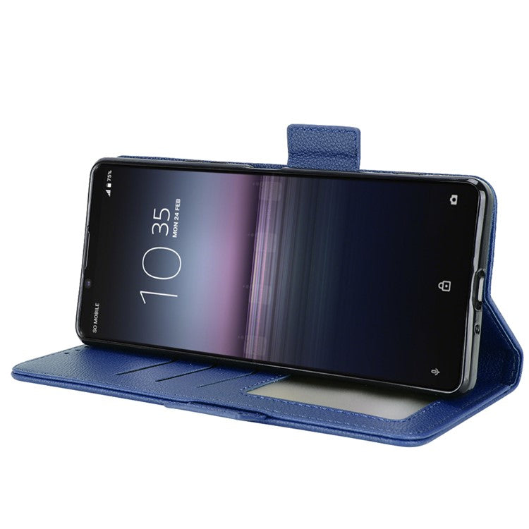 For Sony Xperia 1 II Litchi Texture PU Leather Stand Wallet Case Anti-scratch Phone Cover - Dark Blue