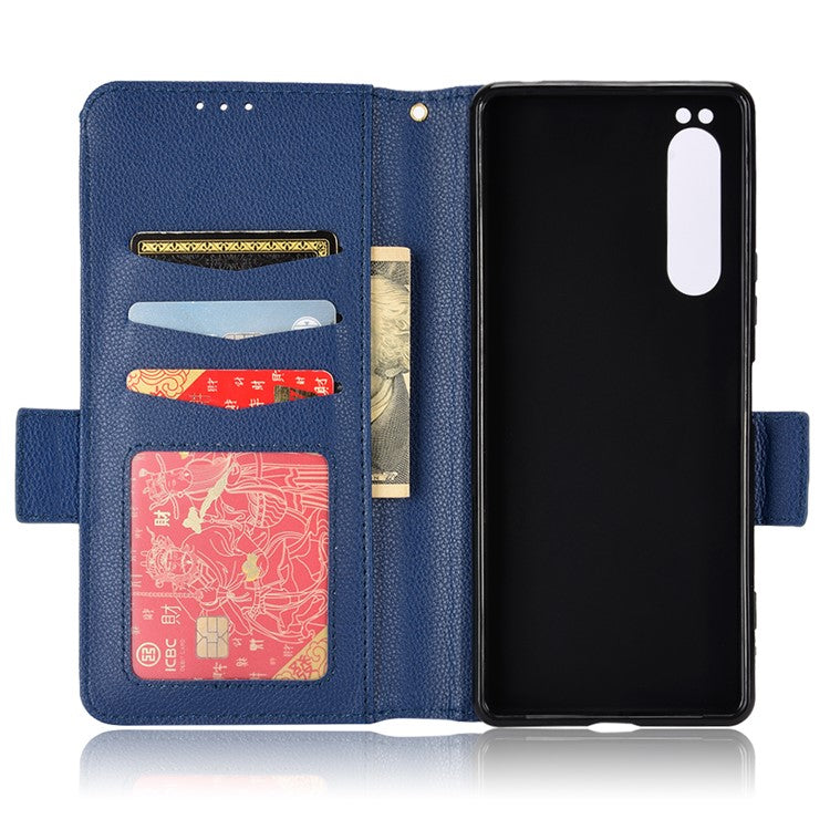 For Sony Xperia 1 II Litchi Texture PU Leather Stand Wallet Case Anti-scratch Phone Cover - Dark Blue