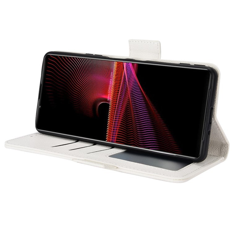 For Sony Xperia 1 III 5G Shockproof Phone Case Litchi Texture PU Leather Stand Wallet Protective Cover - White