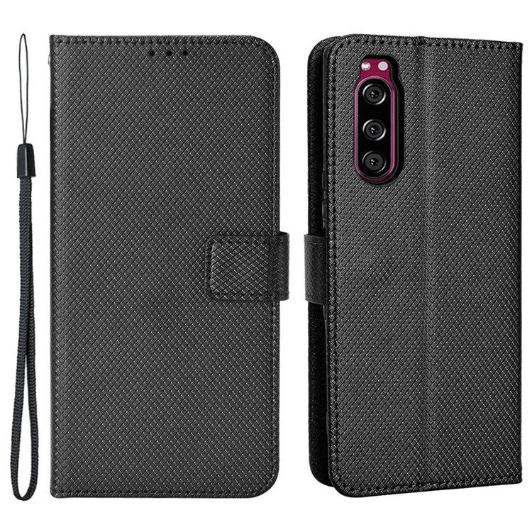 For Sony Xperia 5 Diamond Texture Flip Leather Case Wallet Design Shockproof Flip Folio Stand Protective Cover with Wrist Strap - Black