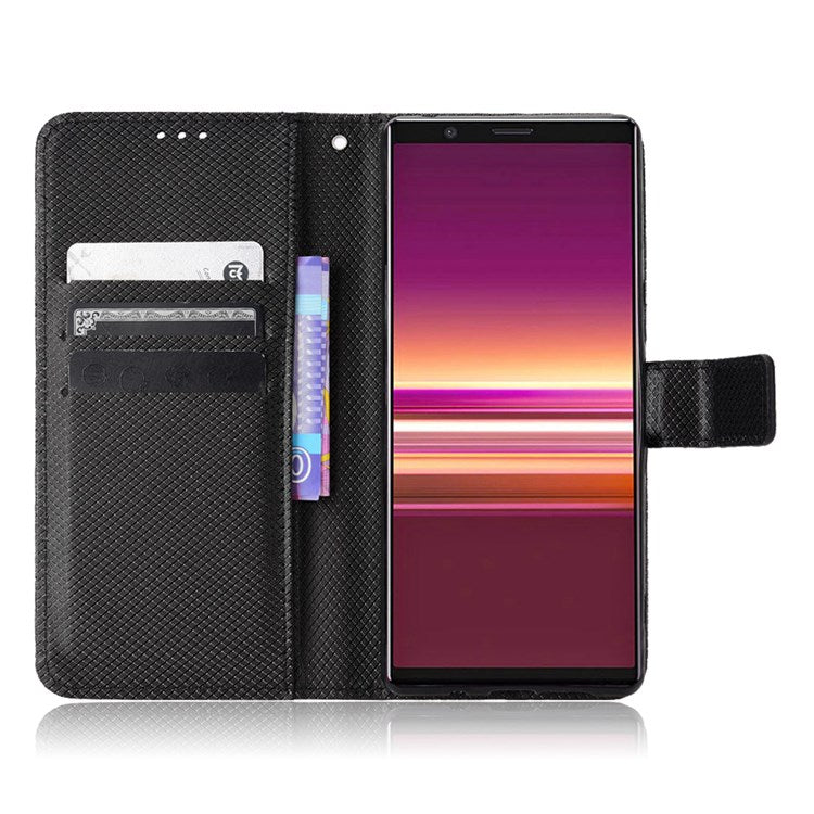 For Sony Xperia 5 Diamond Texture Flip Leather Case Wallet Design Shockproof Flip Folio Stand Protective Cover with Wrist Strap - Black