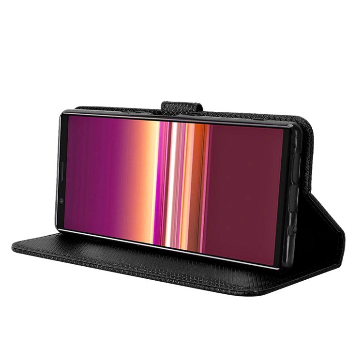 For Sony Xperia 5 Diamond Texture Flip Leather Case Wallet Design Shockproof Flip Folio Stand Protective Cover with Wrist Strap - Black