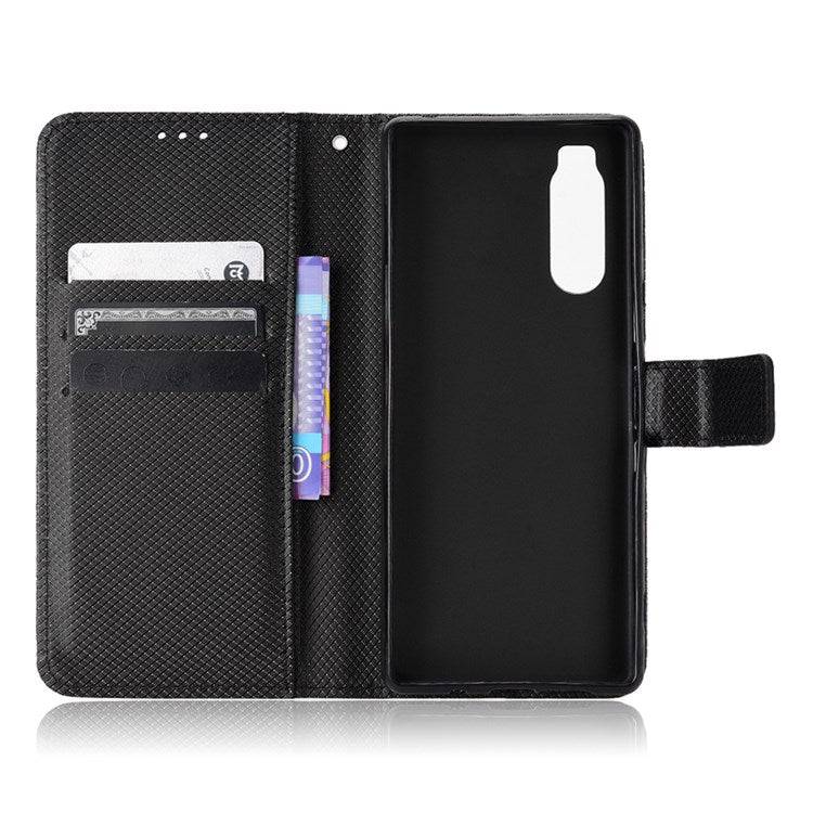 For Sony Xperia 5 Diamond Texture Flip Leather Case Wallet Design Shockproof Flip Folio Stand Protective Cover with Wrist Strap - Black