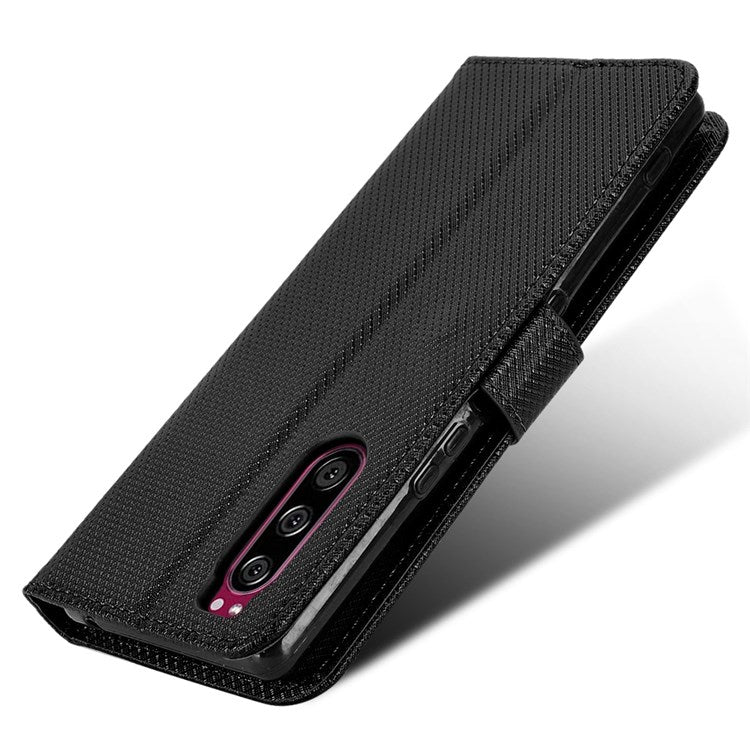 For Sony Xperia 5 Diamond Texture Flip Leather Case Wallet Design Shockproof Flip Folio Stand Protective Cover with Wrist Strap - Black