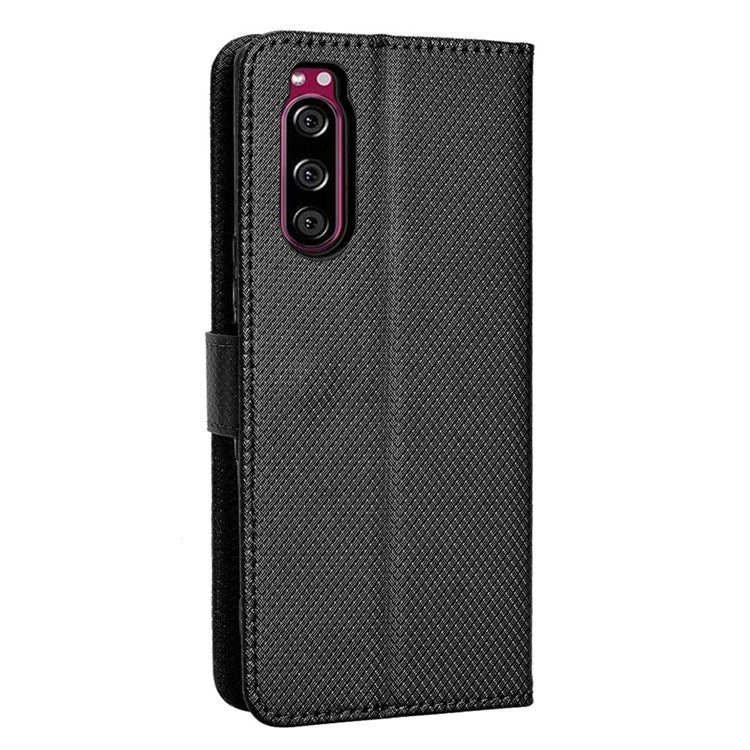 For Sony Xperia 5 Diamond Texture Flip Leather Case Wallet Design Shockproof Flip Folio Stand Protective Cover with Wrist Strap - Black