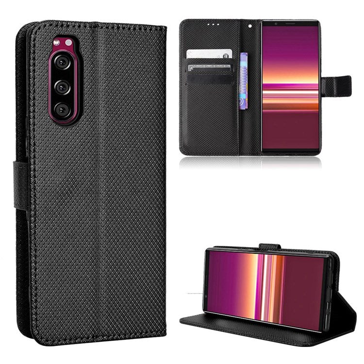For Sony Xperia 5 Diamond Texture Flip Leather Case Wallet Design Shockproof Flip Folio Stand Protective Cover with Wrist Strap - Black