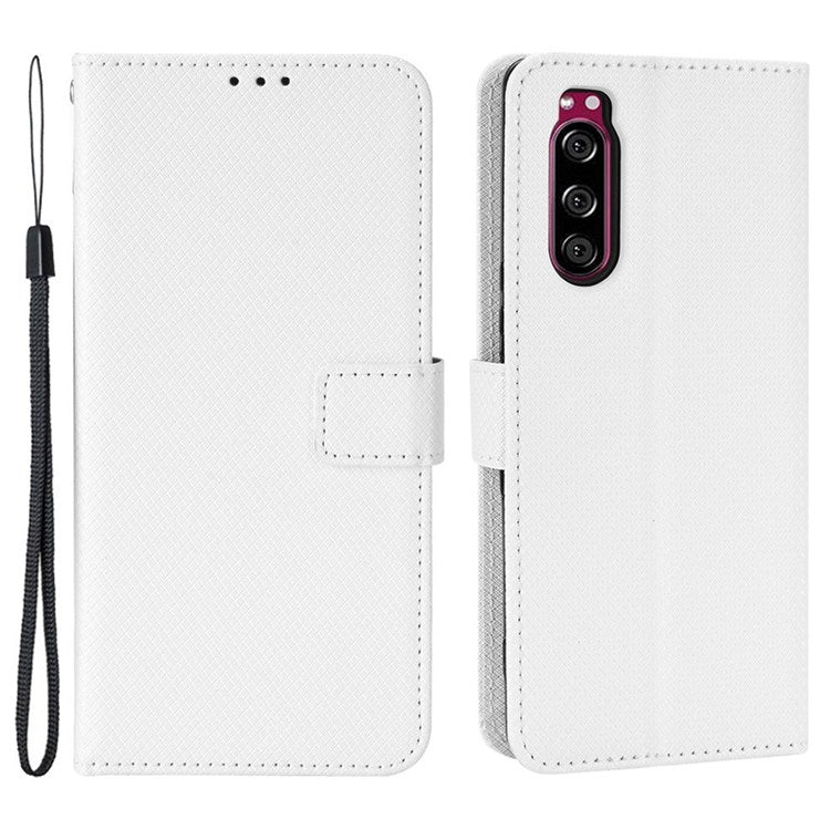 For Sony Xperia 5 Diamond Texture Flip Leather Case Wallet Design Shockproof Flip Folio Stand Protective Cover with Wrist Strap - White