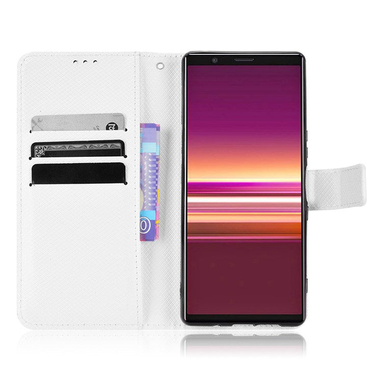 For Sony Xperia 5 Diamond Texture Flip Leather Case Wallet Design Shockproof Flip Folio Stand Protective Cover with Wrist Strap - White
