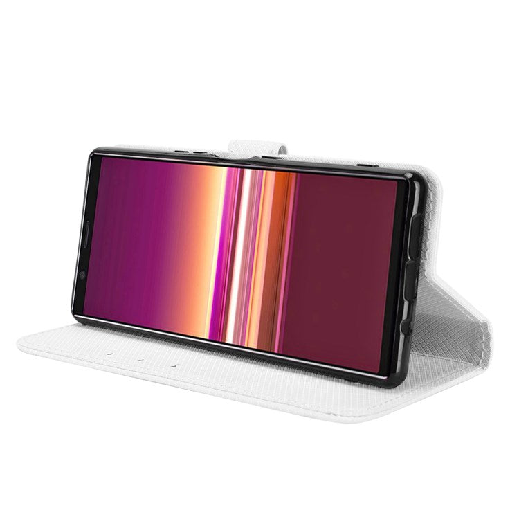 For Sony Xperia 5 Diamond Texture Flip Leather Case Wallet Design Shockproof Flip Folio Stand Protective Cover with Wrist Strap - White
