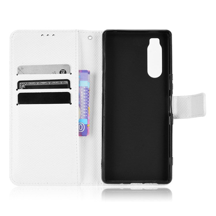 For Sony Xperia 5 Diamond Texture Flip Leather Case Wallet Design Shockproof Flip Folio Stand Protective Cover with Wrist Strap - White
