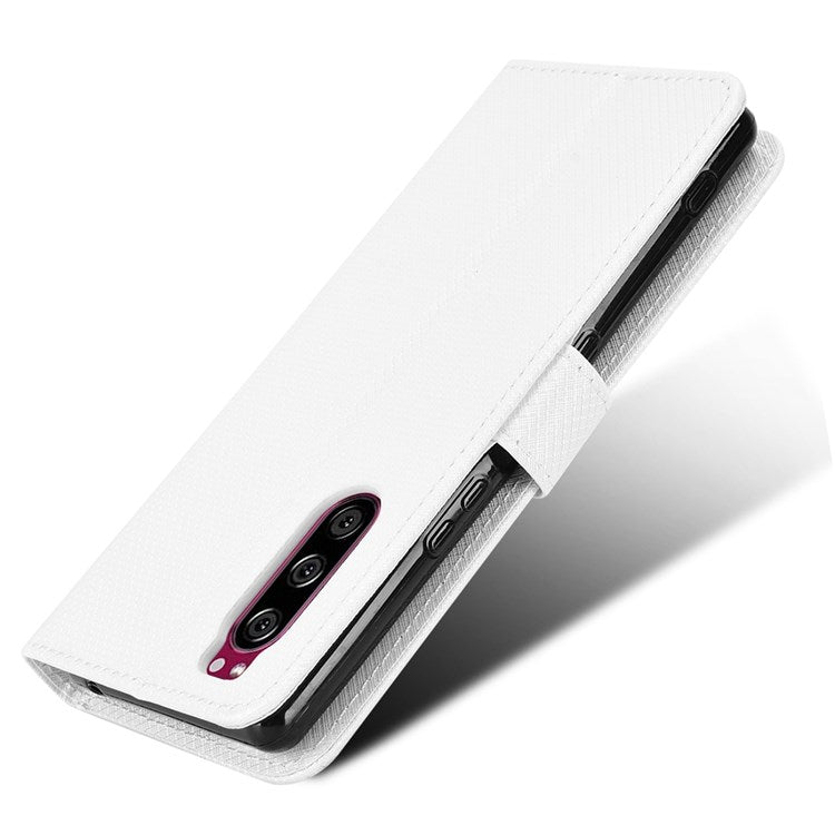 For Sony Xperia 5 Diamond Texture Flip Leather Case Wallet Design Shockproof Flip Folio Stand Protective Cover with Wrist Strap - White