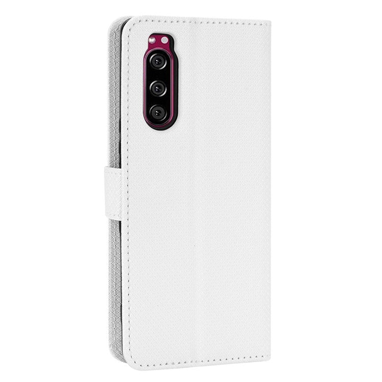 For Sony Xperia 5 Diamond Texture Flip Leather Case Wallet Design Shockproof Flip Folio Stand Protective Cover with Wrist Strap - White