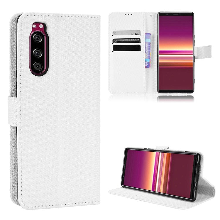 For Sony Xperia 5 Diamond Texture Flip Leather Case Wallet Design Shockproof Flip Folio Stand Protective Cover with Wrist Strap - White