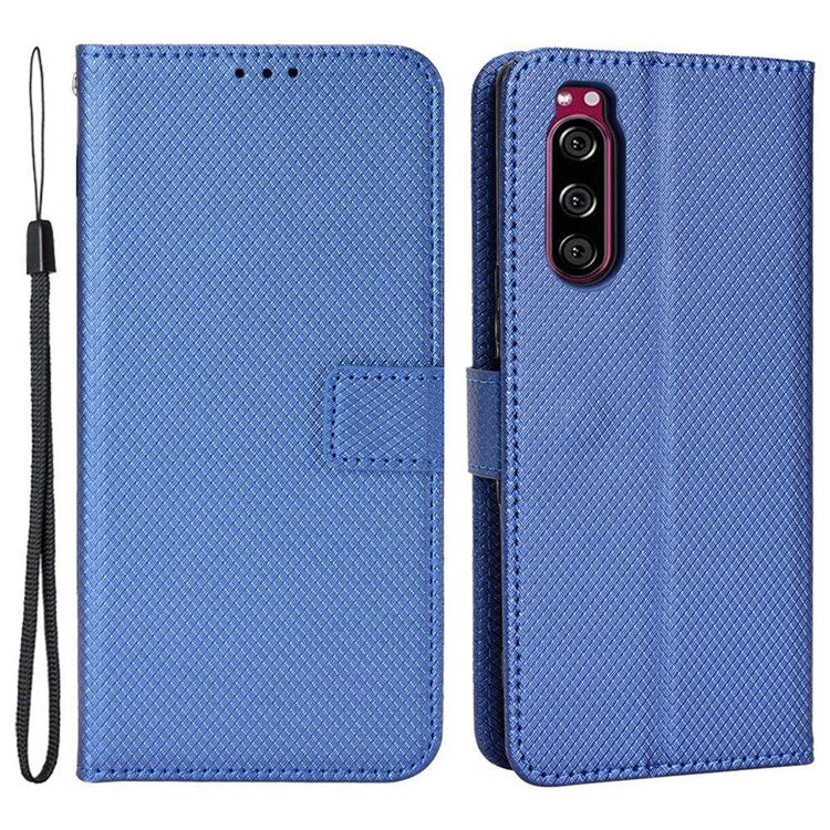 For Sony Xperia 5 Diamond Texture Flip Leather Case Wallet Design Shockproof Flip Folio Stand Protective Cover with Wrist Strap - Blue