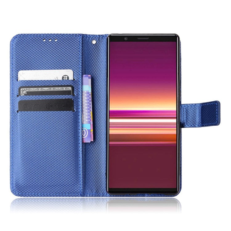 For Sony Xperia 5 Diamond Texture Flip Leather Case Wallet Design Shockproof Flip Folio Stand Protective Cover with Wrist Strap - Blue