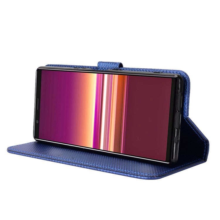 For Sony Xperia 5 Diamond Texture Flip Leather Case Wallet Design Shockproof Flip Folio Stand Protective Cover with Wrist Strap - Blue