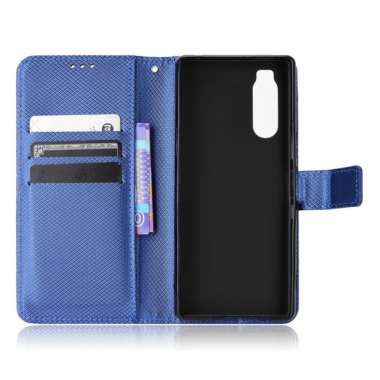 For Sony Xperia 5 Diamond Texture Flip Leather Case Wallet Design Shockproof Flip Folio Stand Protective Cover with Wrist Strap - Blue