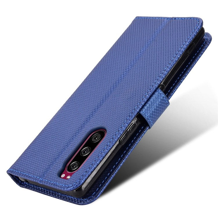 For Sony Xperia 5 Diamond Texture Flip Leather Case Wallet Design Shockproof Flip Folio Stand Protective Cover with Wrist Strap - Blue