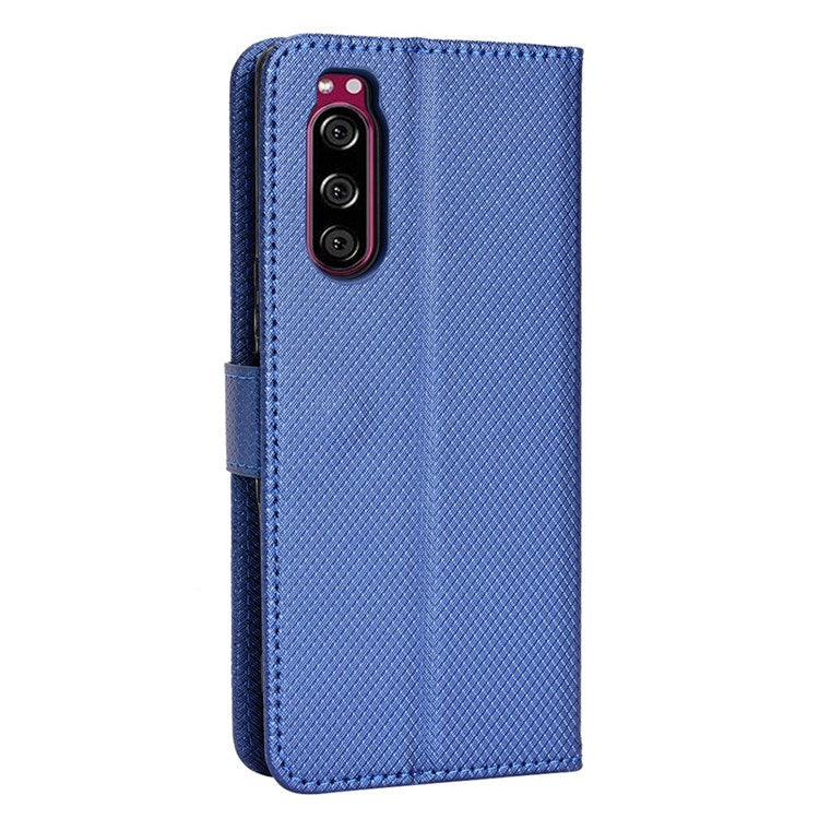 For Sony Xperia 5 Diamond Texture Flip Leather Case Wallet Design Shockproof Flip Folio Stand Protective Cover with Wrist Strap - Blue