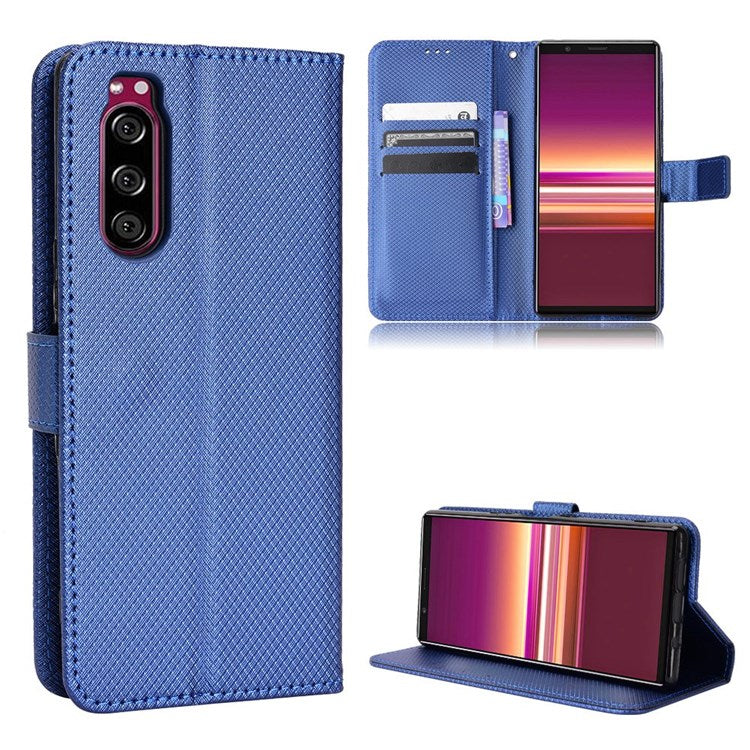 For Sony Xperia 5 Diamond Texture Flip Leather Case Wallet Design Shockproof Flip Folio Stand Protective Cover with Wrist Strap - Blue