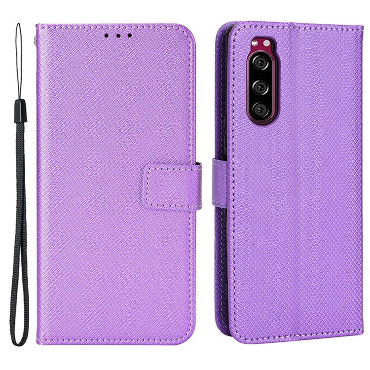 For Sony Xperia 5 Diamond Texture Flip Leather Case Wallet Design Shockproof Flip Folio Stand Protective Cover with Wrist Strap - Purple