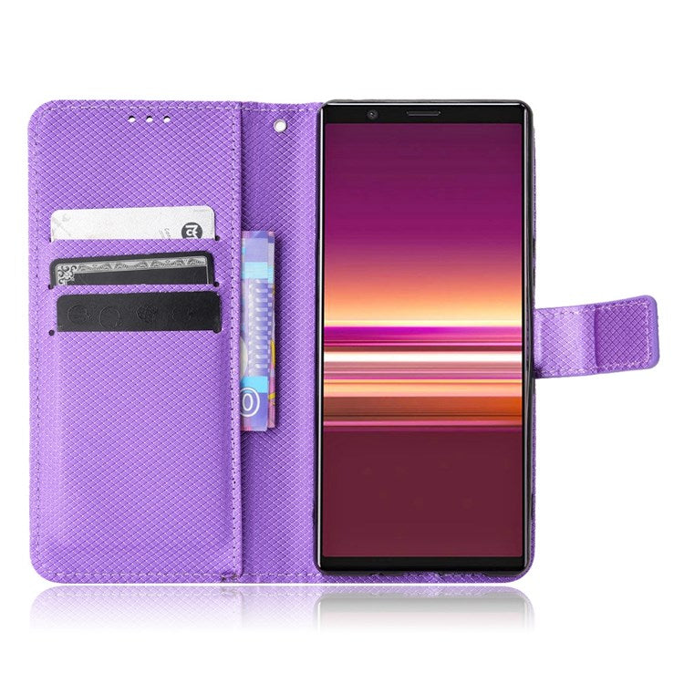 For Sony Xperia 5 Diamond Texture Flip Leather Case Wallet Design Shockproof Flip Folio Stand Protective Cover with Wrist Strap - Purple