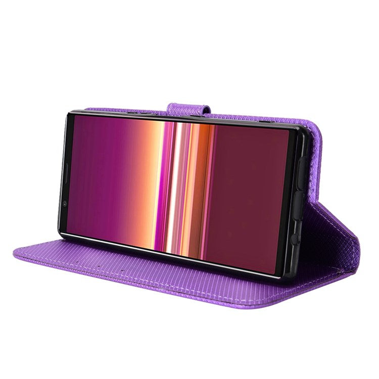 For Sony Xperia 5 Diamond Texture Flip Leather Case Wallet Design Shockproof Flip Folio Stand Protective Cover with Wrist Strap - Purple