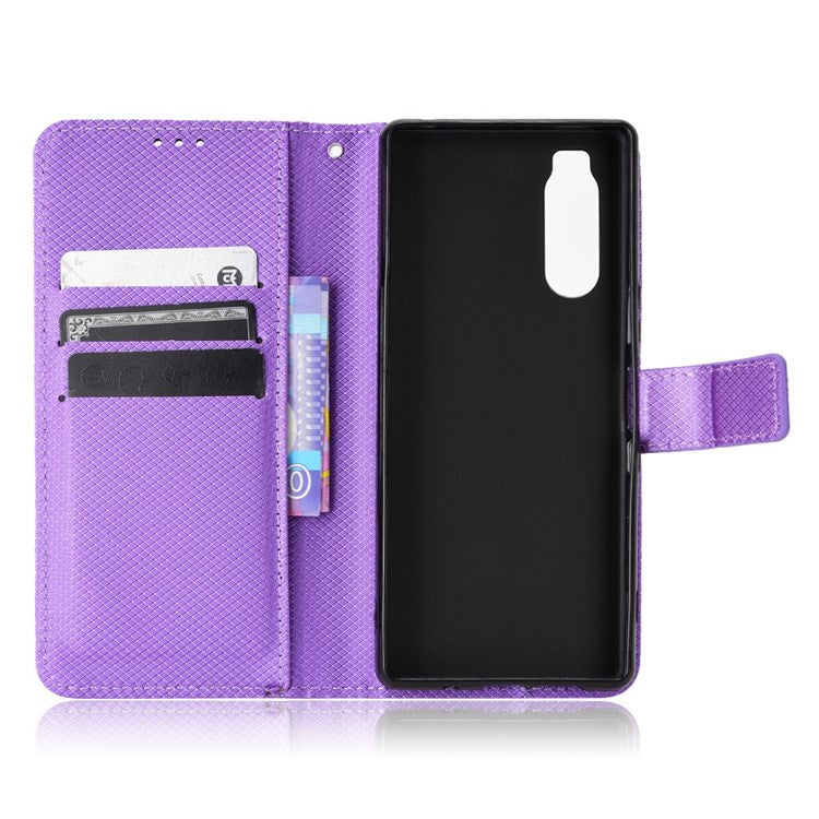 For Sony Xperia 5 Diamond Texture Flip Leather Case Wallet Design Shockproof Flip Folio Stand Protective Cover with Wrist Strap - Purple