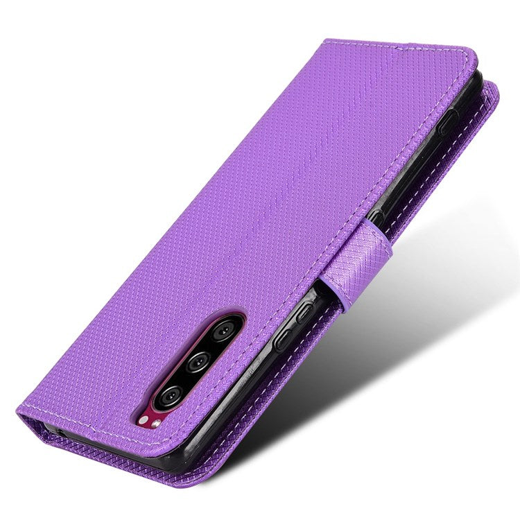 For Sony Xperia 5 Diamond Texture Flip Leather Case Wallet Design Shockproof Flip Folio Stand Protective Cover with Wrist Strap - Purple