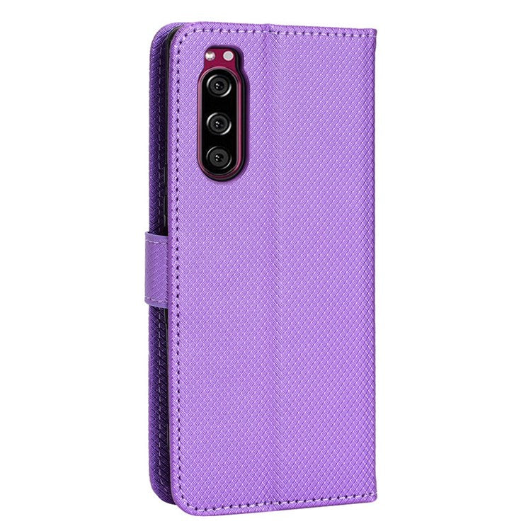 For Sony Xperia 5 Diamond Texture Flip Leather Case Wallet Design Shockproof Flip Folio Stand Protective Cover with Wrist Strap - Purple