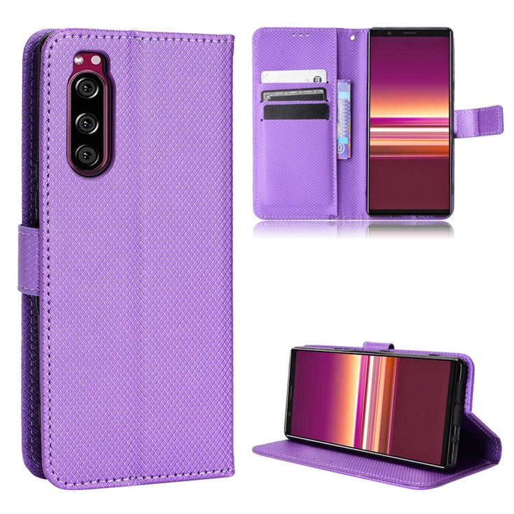 For Sony Xperia 5 Diamond Texture Flip Leather Case Wallet Design Shockproof Flip Folio Stand Protective Cover with Wrist Strap - Purple