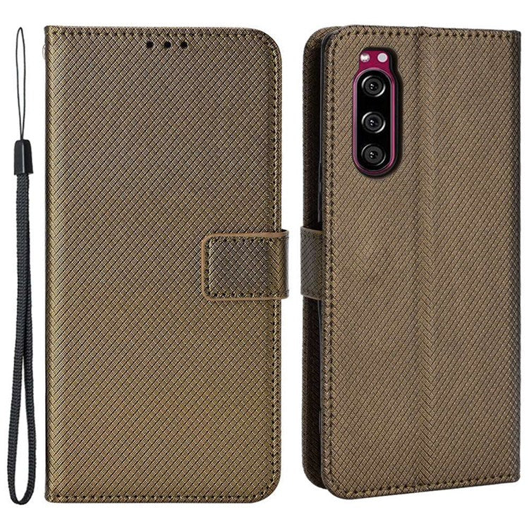 For Sony Xperia 5 Diamond Texture Flip Leather Case Wallet Design Shockproof Flip Folio Stand Protective Cover with Wrist Strap - Brown