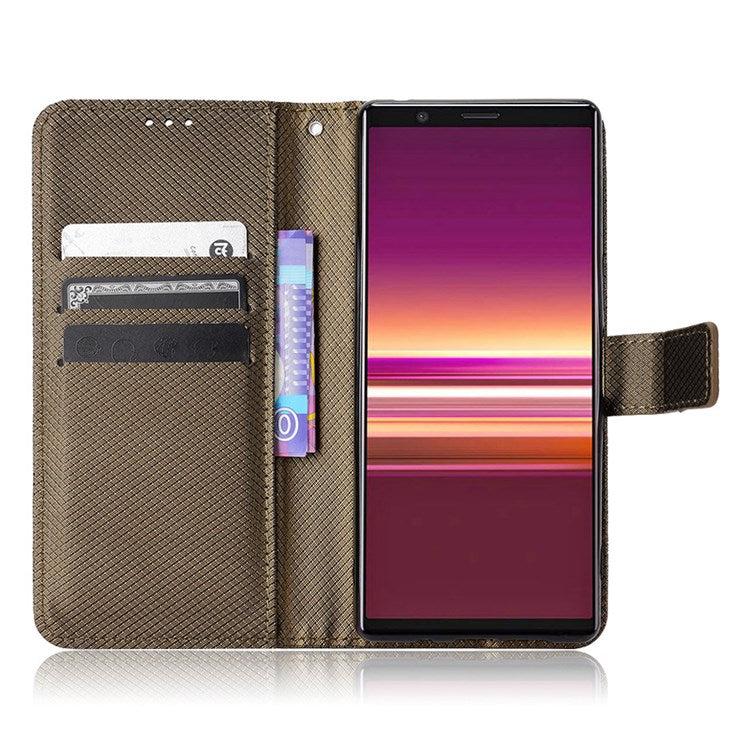 For Sony Xperia 5 Diamond Texture Flip Leather Case Wallet Design Shockproof Flip Folio Stand Protective Cover with Wrist Strap - Brown