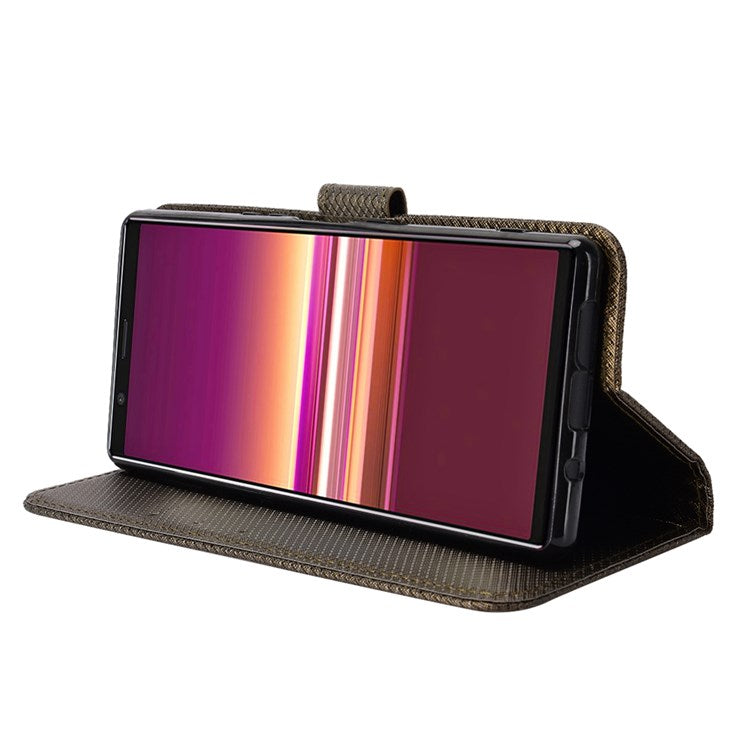 For Sony Xperia 5 Diamond Texture Flip Leather Case Wallet Design Shockproof Flip Folio Stand Protective Cover with Wrist Strap - Brown