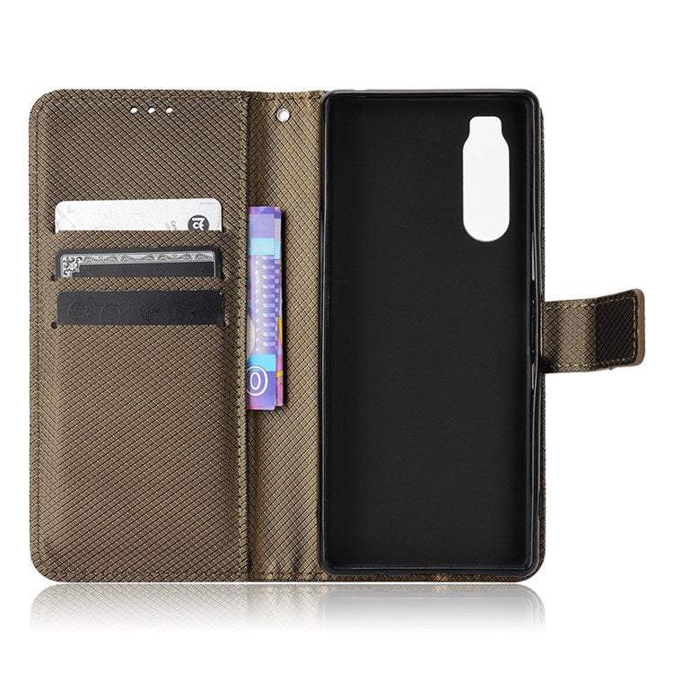 For Sony Xperia 5 Diamond Texture Flip Leather Case Wallet Design Shockproof Flip Folio Stand Protective Cover with Wrist Strap - Brown