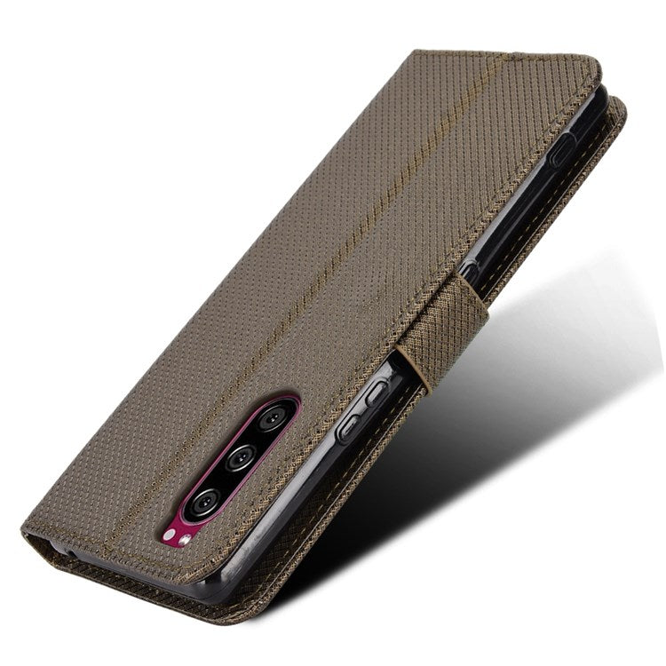 For Sony Xperia 5 Diamond Texture Flip Leather Case Wallet Design Shockproof Flip Folio Stand Protective Cover with Wrist Strap - Brown