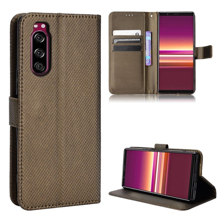For Sony Xperia 5 Diamond Texture Flip Leather Case Wallet Design Shockproof Flip Folio Stand Protective Cover with Wrist Strap - Brown